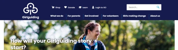 Girlguiding website homepage showing location of login to GO